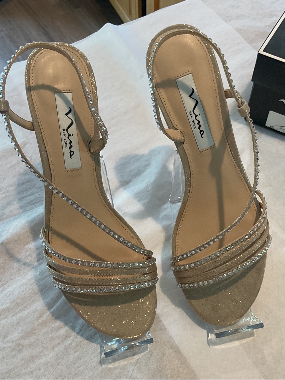 Nina Champagne Strappy Crystal Slingback Heels